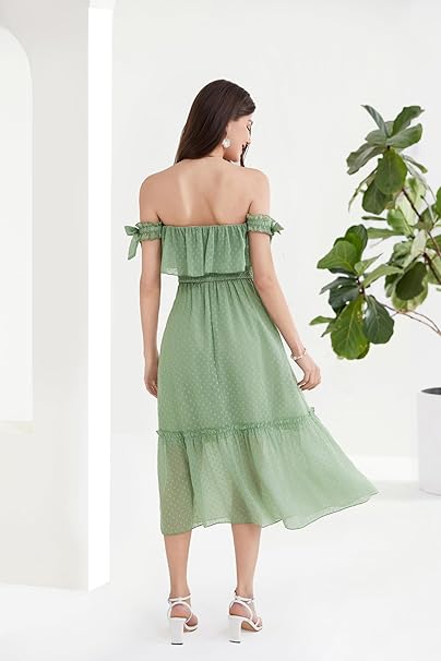 Women Green Floral Chiffon Strapless Summer Dress- M - OneBag
