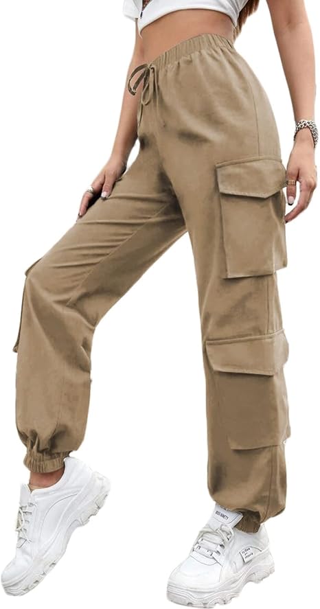 Khaki Petite Cargo Trousers, Women Elasticated High Waisted Cuffed Ankle Teen Girls Pants- XXL - OneBag