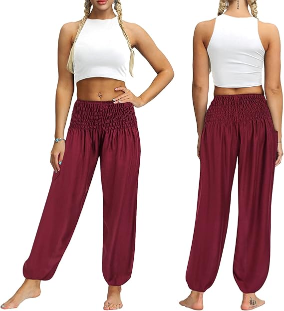 Women Red Hippie Harem Trousers, Plain Elasticated Waist Bottoms Boho Lounge Yoga Pants- S - OneBag