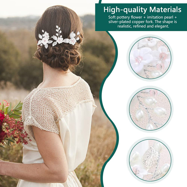 5 Pcs Silver Bride Wedding Flower Hair Pins, Elegant Pearl Hair Pins, Rhinestone Bridesmaid Hair Pieces - OneBag