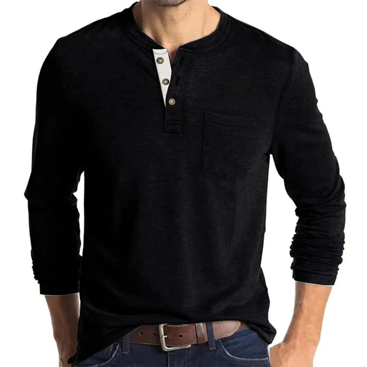 Men Long Sleeve Black T-Shirt, Cotton Casual Henley Shirt- XXL - OneBag