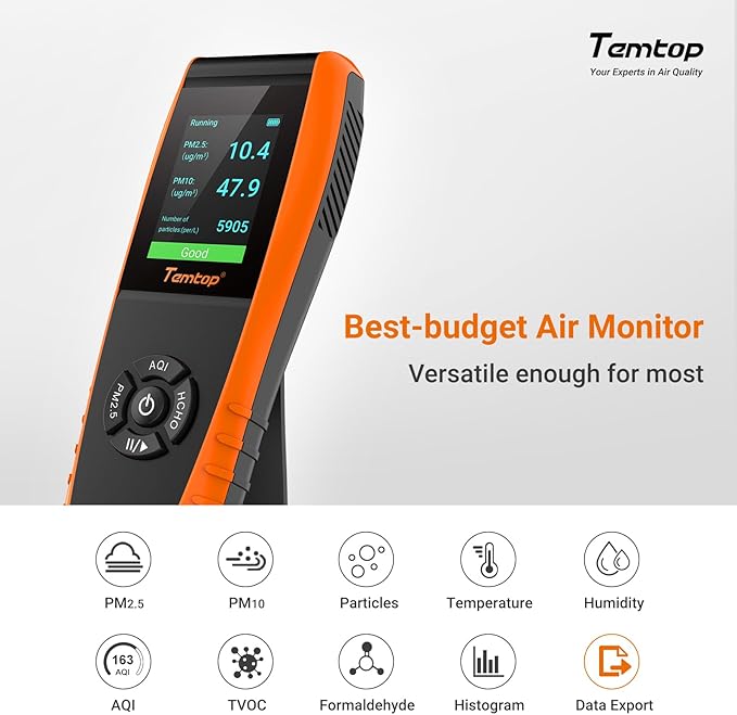 Temtop Air Quality Monitor Detects, PM2.5 PM10 Formaldehyde TVOC AQI Temperature Humidity Tester, Particle Counter Indoor Outdoor Air Pollution Detector with Data Export, LKC1000S+ 2nd - OneBag