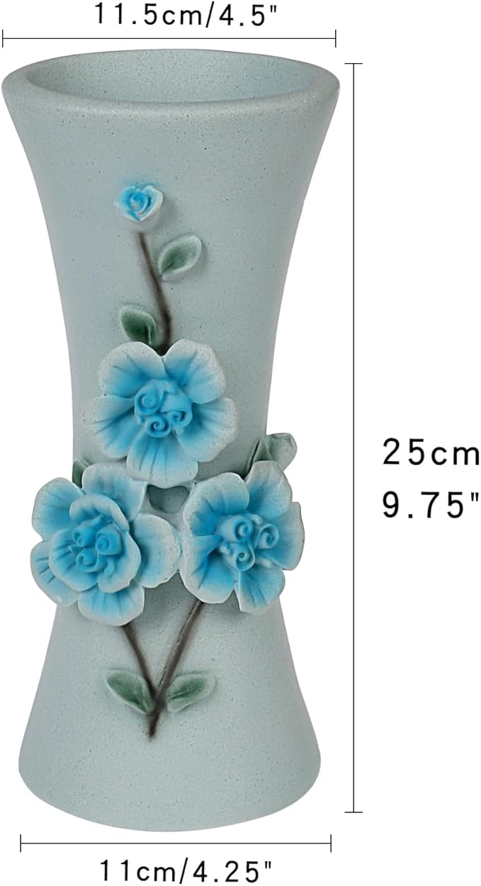 Decorative Blue Vase for Flower for Modern or Rustic Home Decor, Handcaft 3D Embossed Floral Design - OneBag