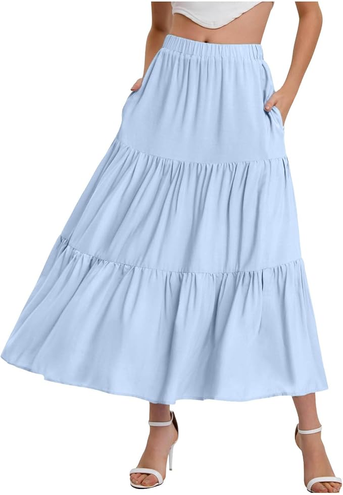Navy Blue Large Women Boho Tiered Long Skirt - OneBag