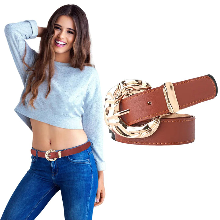 105cm Women's Vintage Brown Genuine Leather Retro Belt with Gold Metal Round Buckle - OneBag