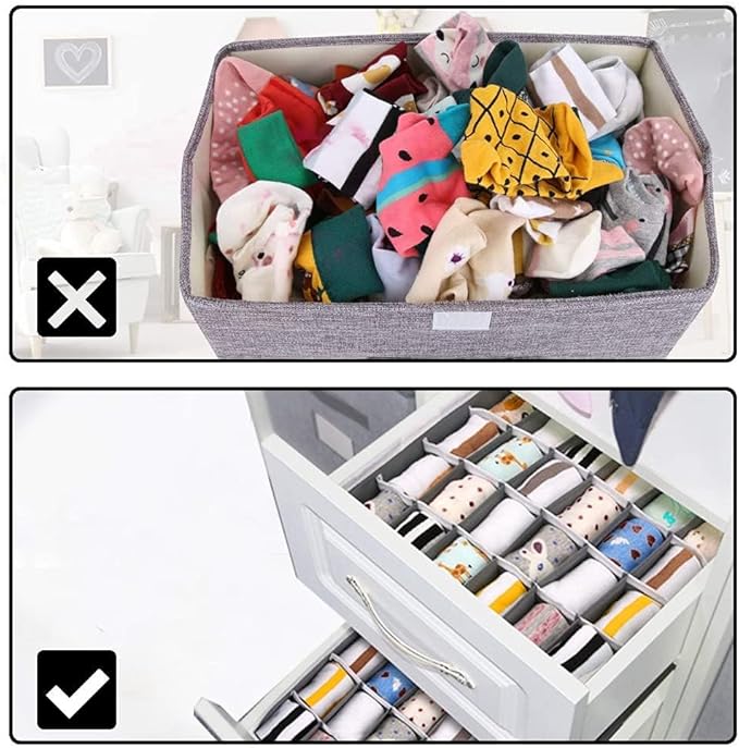 4 Pcs Foldable Drawer Organiser Dividers, Grey PP Lined Storage Boxes with 2 Bottom Boards Sturdy and Convenient - OneBag