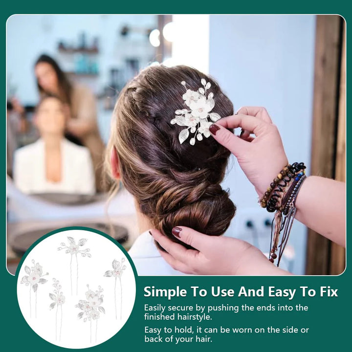 5 Pcs Silver Bride Wedding Flower Hair Pins, Elegant Pearl Hair Pins, Rhinestone Bridesmaid Hair Pieces - OneBag
