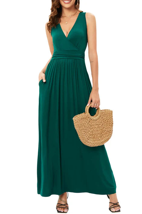 Women Sleeve V-Neck Wrap Summer Dress With Pocket - OneBag