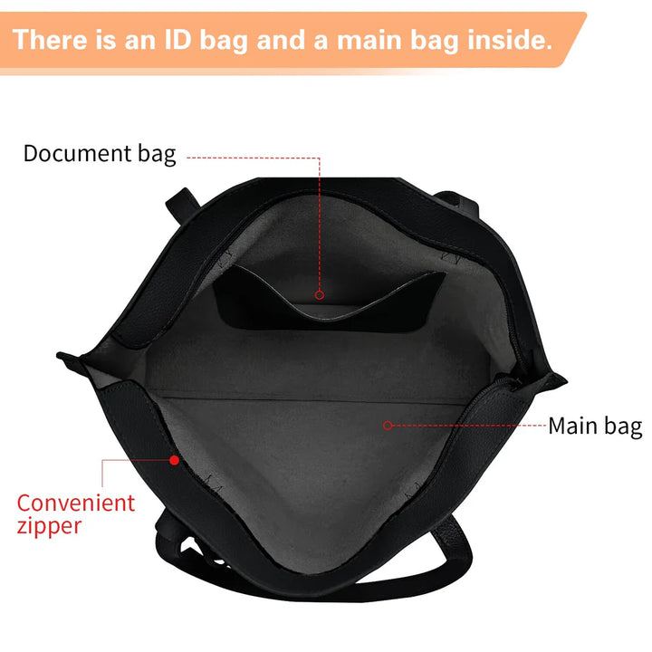 Leather Tote Bag, Women handbag with big capacity, PU leather tote black. - OneBag