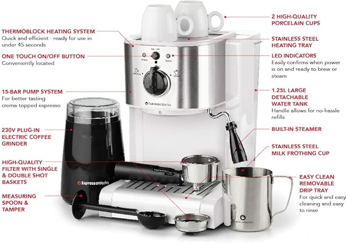 7 Pcs White All-in-One Espresso & Cappuccino Maker Machine, Barista Bundle Set w/Built-in Steam Wand - OneBag
