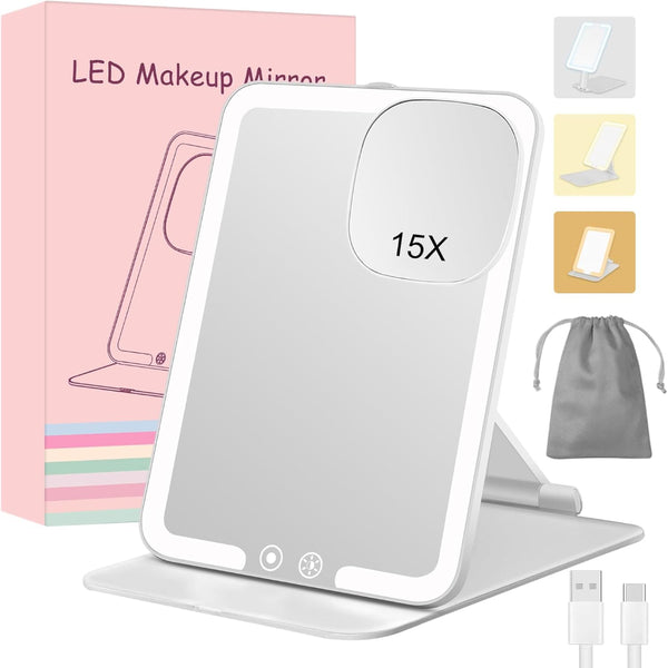 Rechargeable Travel Makeup Mirror with 15X Magnifying Mirror,Folding Lighted Cosmetic Tabletop Mirror with Adjustable Stand,3 Color Lighting,Dimmable Touch