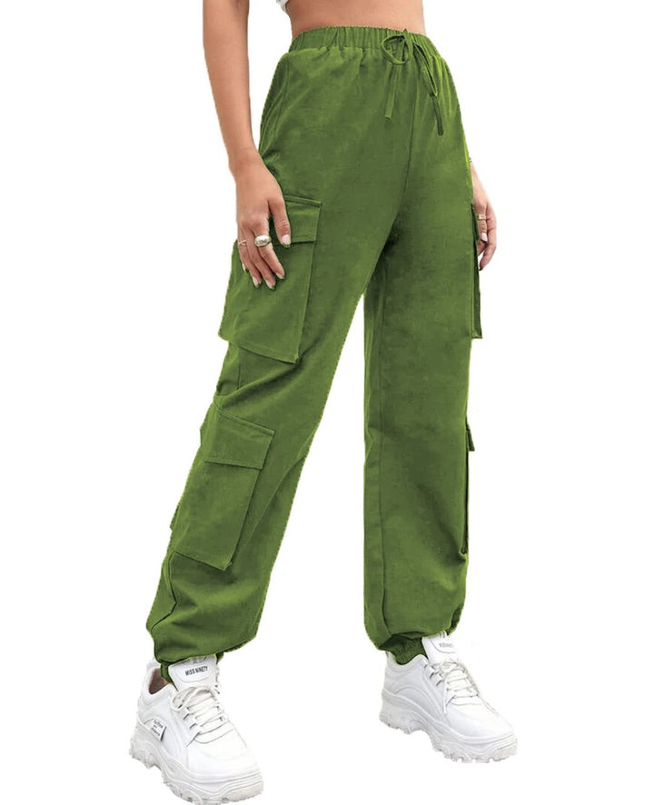 Green Petite Cargo Trousers, Women Elasticated High Waisted Cuffed Ankle Teen Girls Pants- S - OneBag