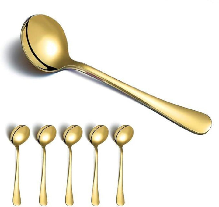Gold Soup Spoons, 6 Pieces 19 cm Stainless Steel Round Spoons with Gold Titanium Plating - OneBag
