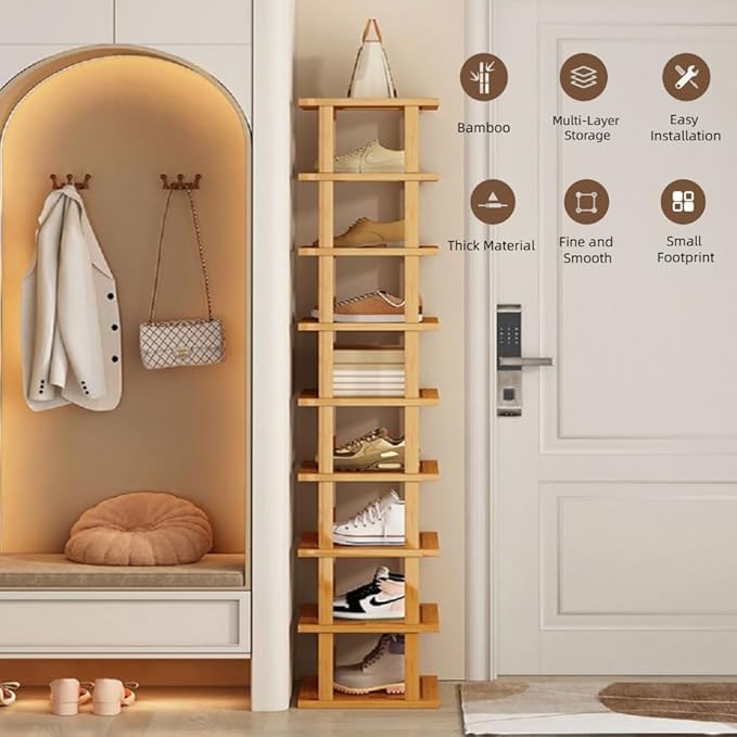 7 Tier Shoe Rack, Shoe Racks Storage, Natural Bamboo Shelf Vertical Narrow Shoe Racks - OneBag