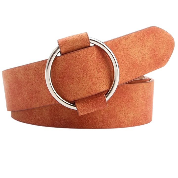 103cm Women's Camel Genuine Leather Retro Belt with Silver Metal Round Buckle - OneBag