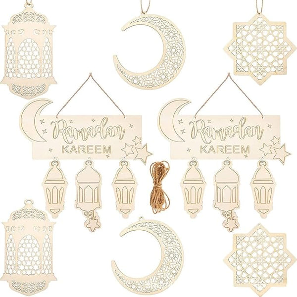 Fencelly Wooden Ramadan Ornament, EID Pendant Set, Ramadan DIY Decorations Pendant for Muslim Islam Eid Al-Fitr Party Supplies