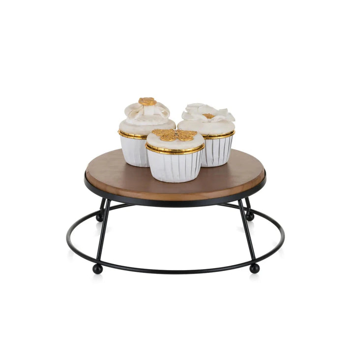 Cake Stand, Cupcake Wooden 21cm Display Holder, Afternoon Tea Pedestal Round with Black Metal Frame - OneBag