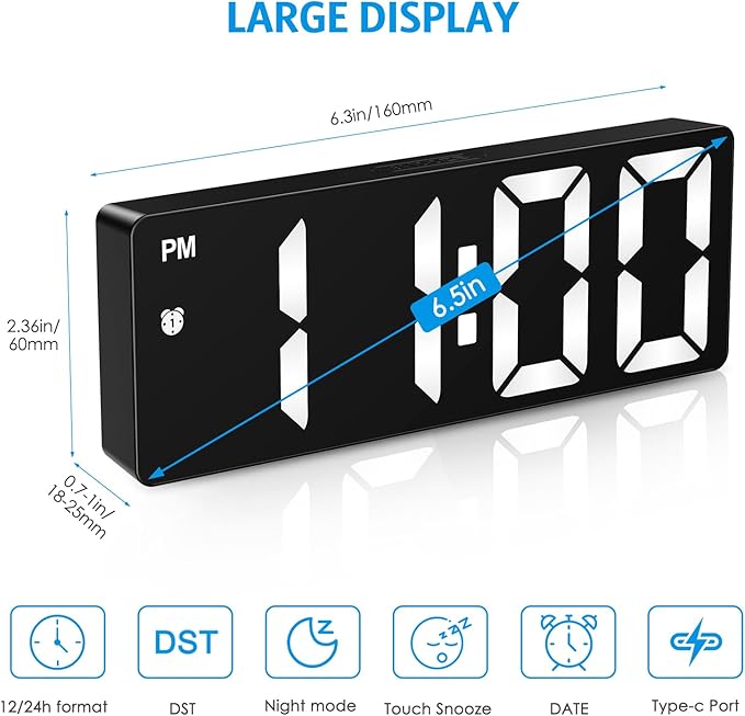 Digital Alarm Clock Bedside with 6.5" Large Display, Type-C/Battery Powered Alarm Clock - OneBag
