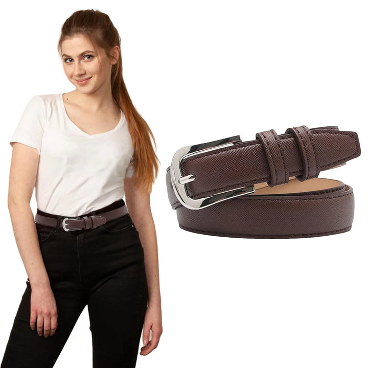 105cm Women's Dark Brown Genuine Leather Retro Belt with Silver Metal Square Buckle - OneBag