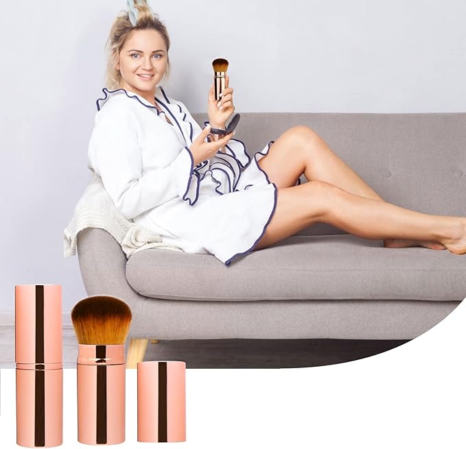 2 Pcs Pink Retractable Kabuki Brush, Foundation Brush for Liquid Makeup, Bronzer, Cream or Flawless Powder Makeup - OneBag