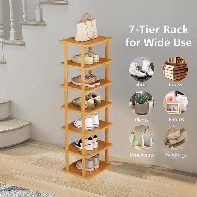 7 Tier Shoe Rack, Shoe Racks Storage, Natural Bamboo Shelf Vertical Narrow Shoe Racks - OneBag