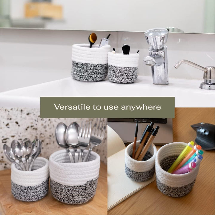 2 Pcs Handwoven Grey and White Cotton Pencil and Make up Brushes Holder - OneBag