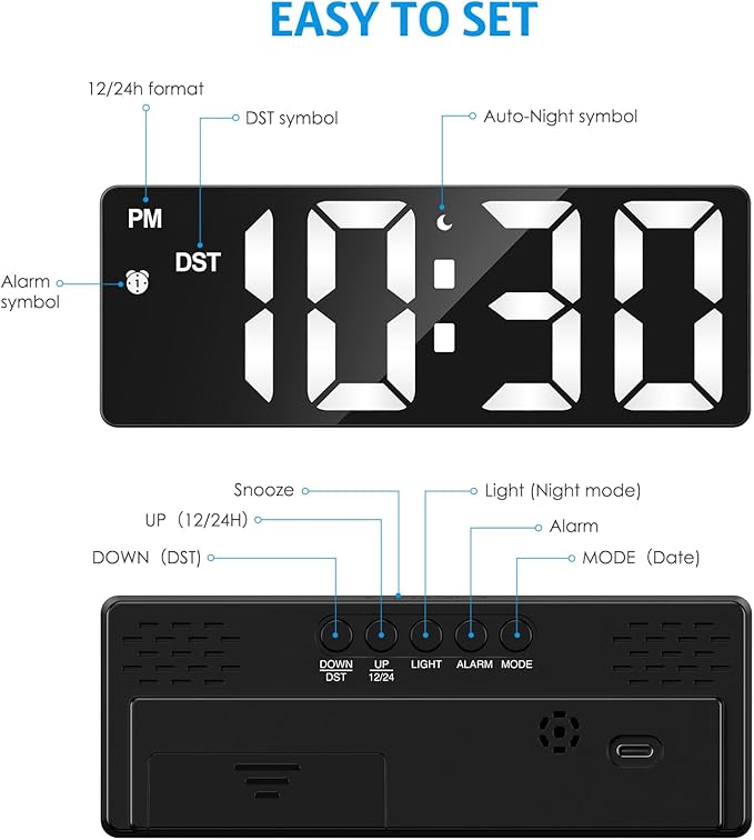 Digital Alarm Clock Bedside with 6.5" Large Display, Type-C/Battery Powered Alarm Clock - OneBag