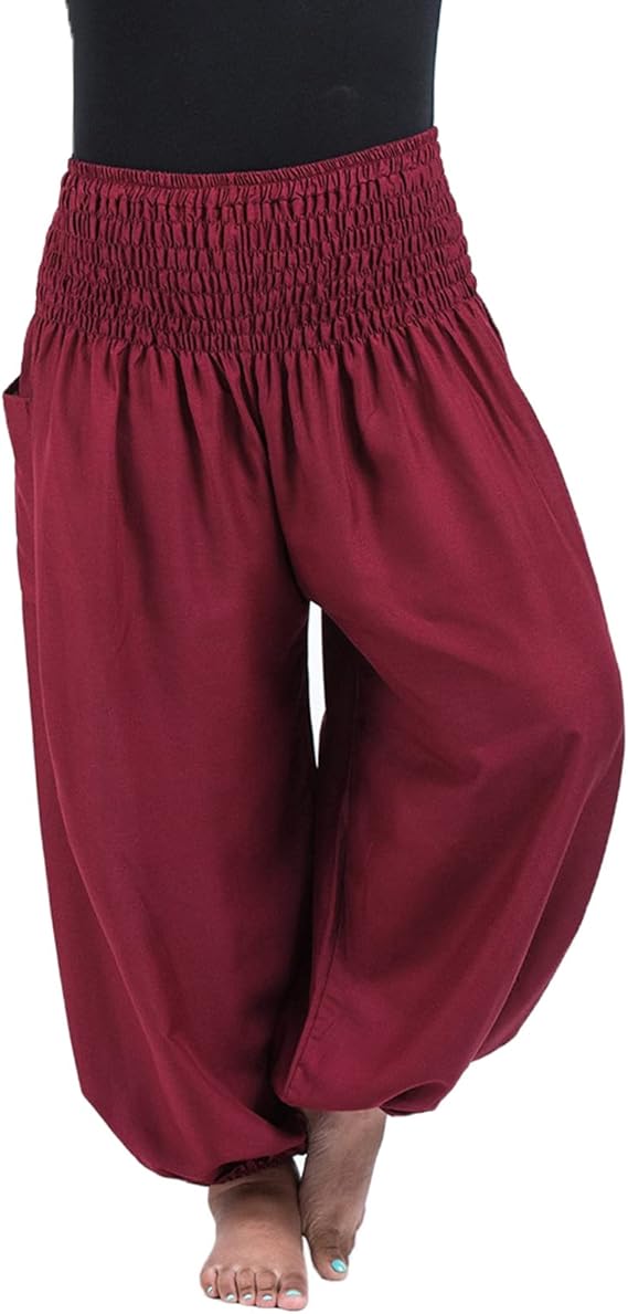 Women Red Hippie Harem Trousers, Plain Elasticated Waist Bottoms Boho Lounge Yoga Pants- S - OneBag