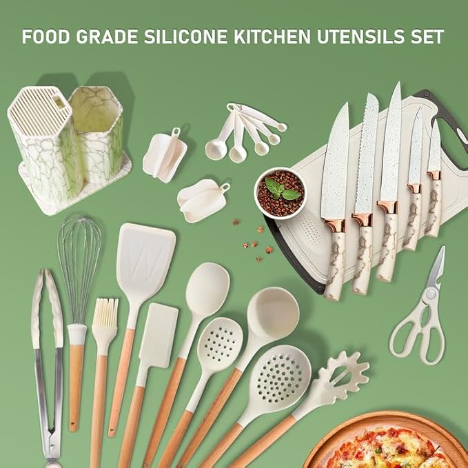 25 Pcs Silicone Non-stick Cooking Utensils Set, Spatula, Whisk, Cutting Board, Tong, Fruit Knife - OneBag