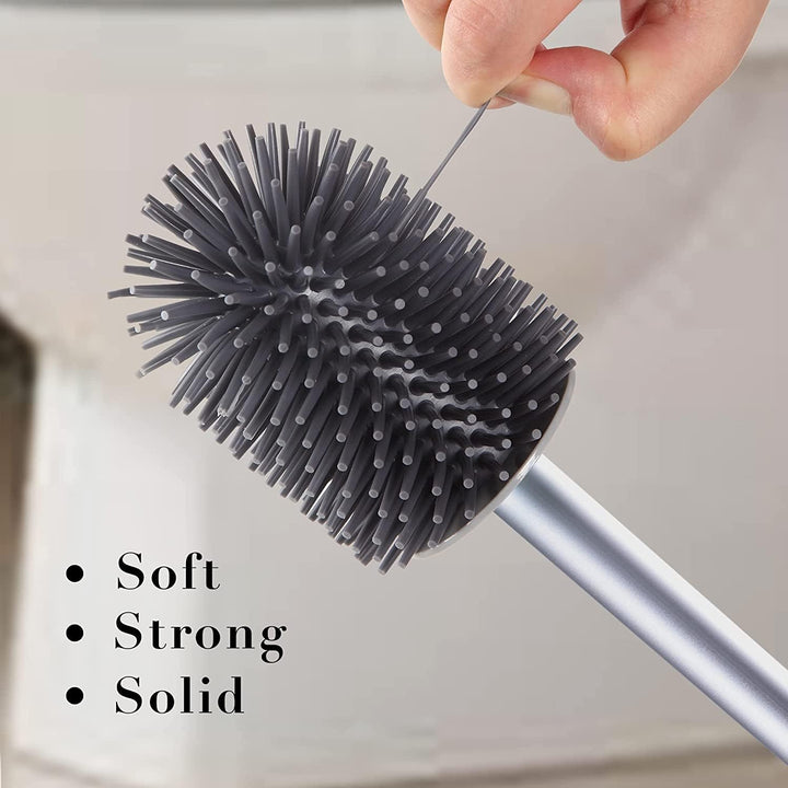 Silicone Toilet Brush and Holder Set with Long Non-Slip Handle for Bathroom, Wall Mounted & Floor Type - OneBag