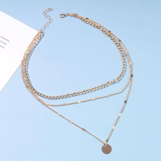 Boho Layered Disc Necklace Choker Gold Coin Pendant Vintage Multilayer Necklace for Women - OneBag