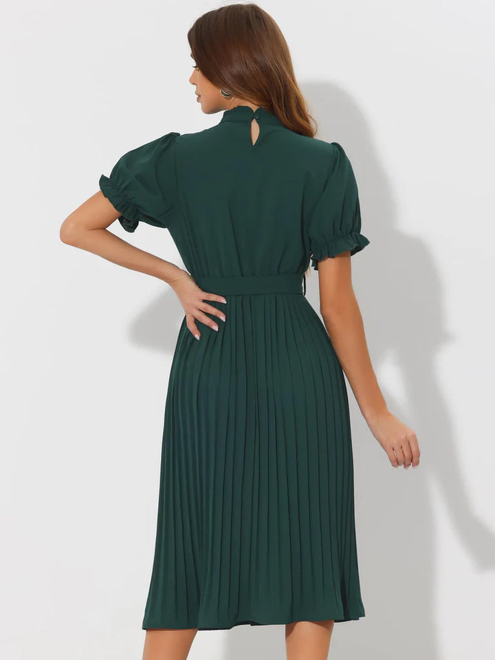 Women Short Sleeve A-Line Pleated Dress, Dark Green, L - OneBag