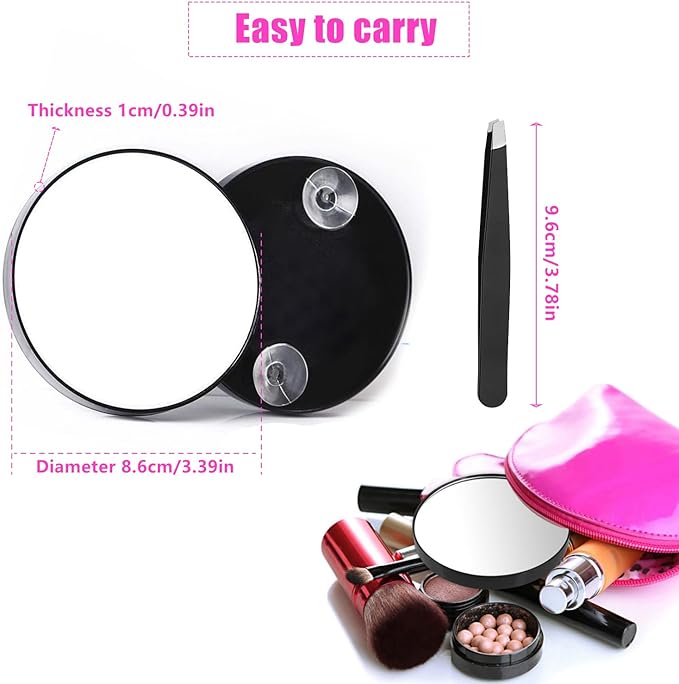 20X Magnifying Mirror, 3.5 inches Magnifying Mirror with Suction Cup and 2Pcs Tweezers, Black Portable Magnifier Makeup Mirror - OneBag