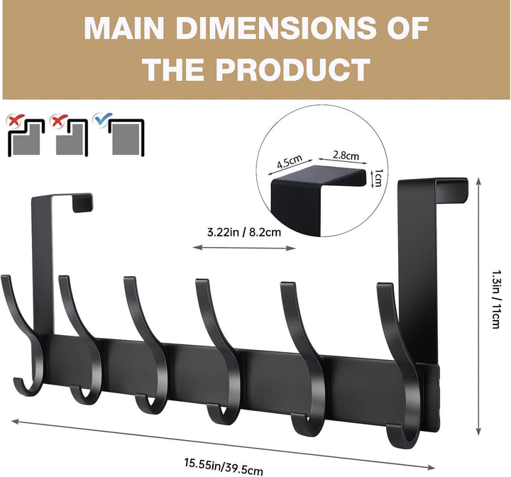 Black, White 6 Hooks Over Door Hanger, for Hanging Coat, Towel, Bag, Clothes Bearing Weight 20kg - OneBag