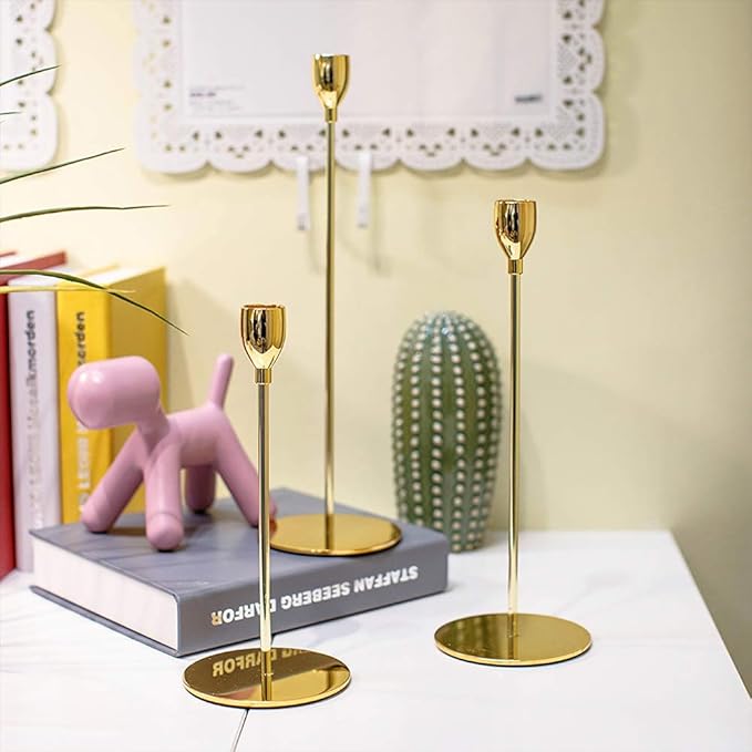 3 Pcs Candle Candlestick Holders, Imitation Gold Table Candle Holders Stands Vintage, Tapered Candle Pillar Holders - OneBag