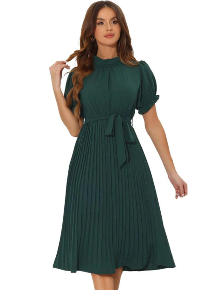 Women Short Sleeve A-Line Pleated Dress, Dark Green, L - OneBag