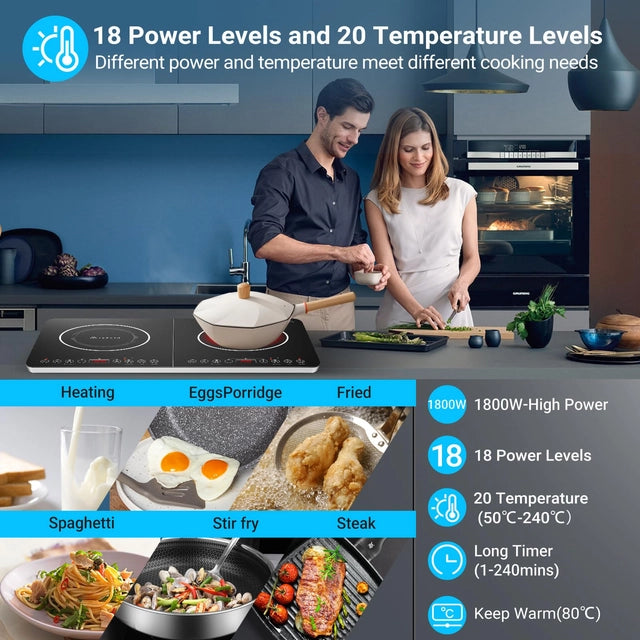 Aobosi Double Induction Hob,Induction Hobs with Black Glass Panel Body, Independent Control,Induction Cooker with 20 Temperature Setting&18 Power Levels[Upgrade],4-Hour Timer,2800W,Safety Lock - OneBag
