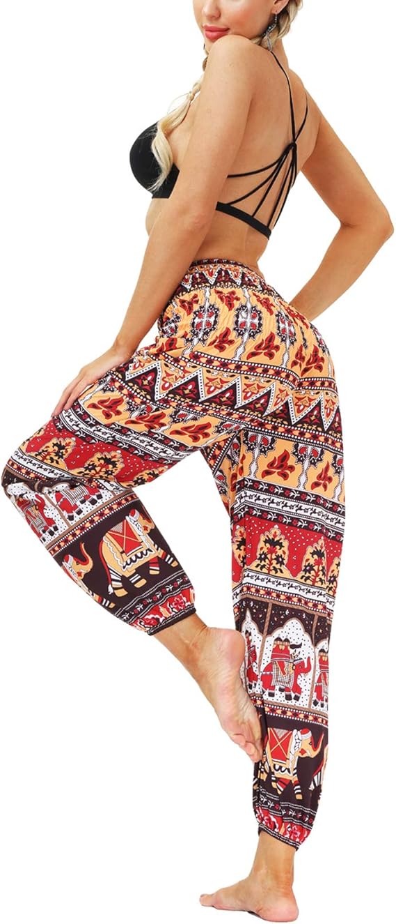Women Hippie Harem Yoga Pants with Pockets, Thai Aladin Printed Summer Trousers- One Size - OneBag