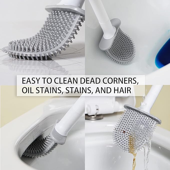 3 Pcs Blue No-Slip Long Plastic Handle Toilet Brush, Silicone Toilet Brushes and Holder Sets - OneBag
