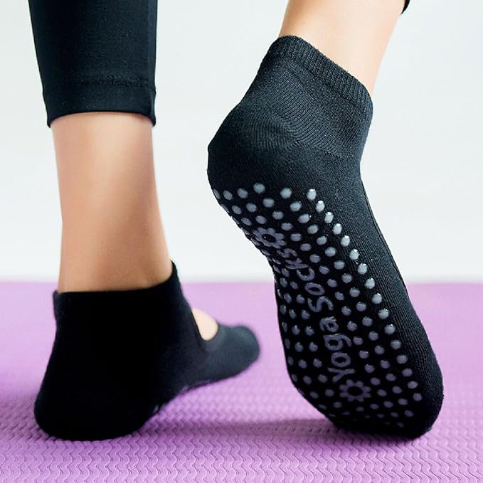 2 Pairs Black & Grey Panfurco Pilates Grip Socks Non Slip for Women, Breathable and Non-Slip Gym Yoga Socks Ladies- M - OneBag