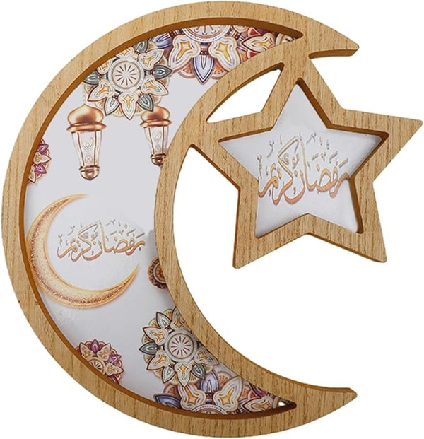 Ramadan Wood Dessert Tray, Eid Mubarak Wooden Food Fruit Serving Tray, Wooden Moon Star Shape Hollow Plate