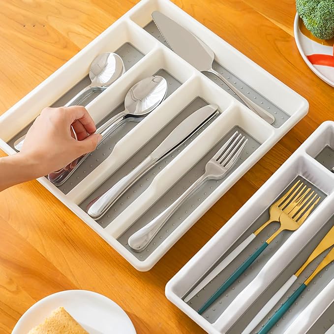 5 Compartments White Cutlery Tray, Cutlery Organizer for Home and Kitchen, Utensil Tray for Spoons and Forks - OneBag