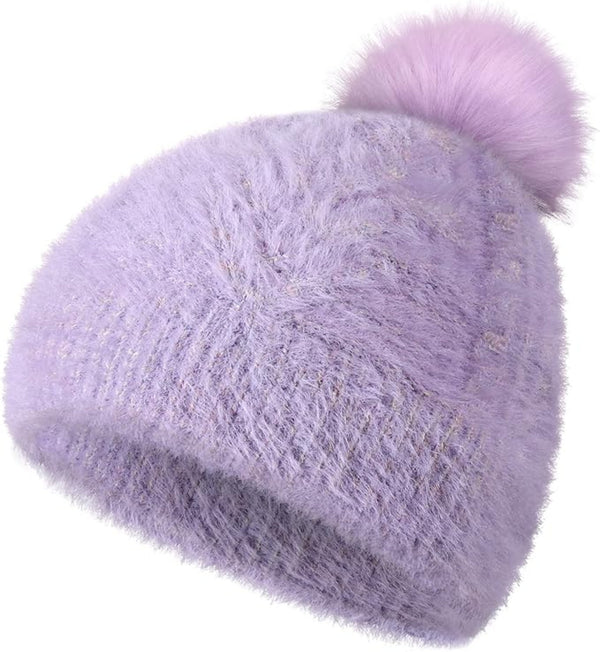 Winter Women Pom Pom Beanie Hat, Girls Warm Faux Fur Pompom Knit Ski Hat