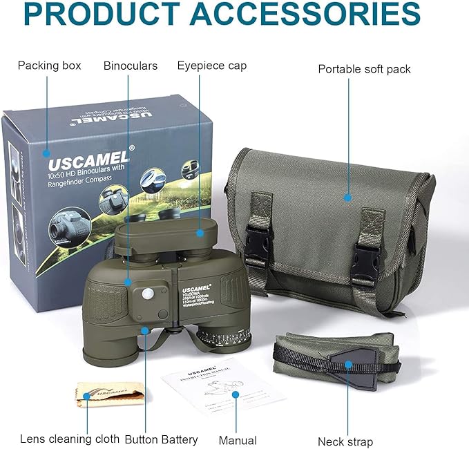 Army Green 10x50 HD Military Binoculars with Rangefinder Compass Telescope Nitrogen Filled Waterproof Sports Optics - OneBag
