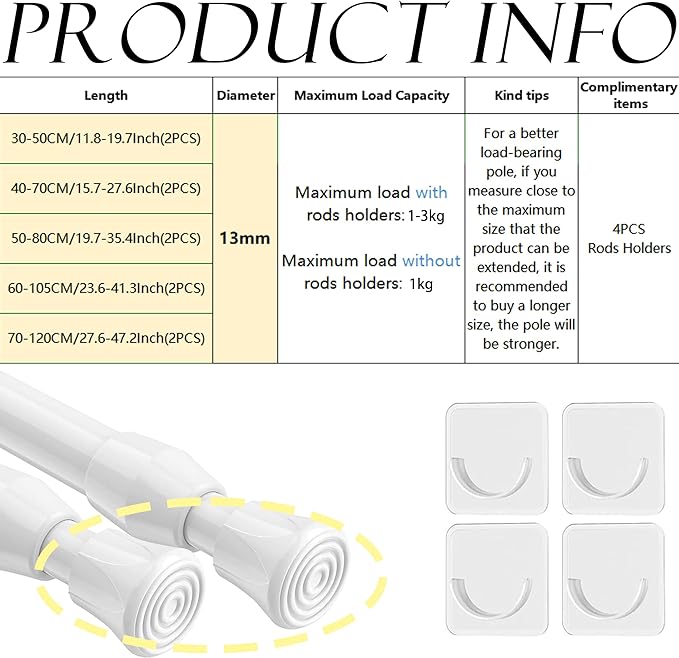 2 Pcs White Extendable Curtain Poles, No Drilling Spring Tension Rod, Adjustable Net Curtain Rods for Kitchen, Cupboard, Window, Bookshelf, Diameter: 13mm - OneBag