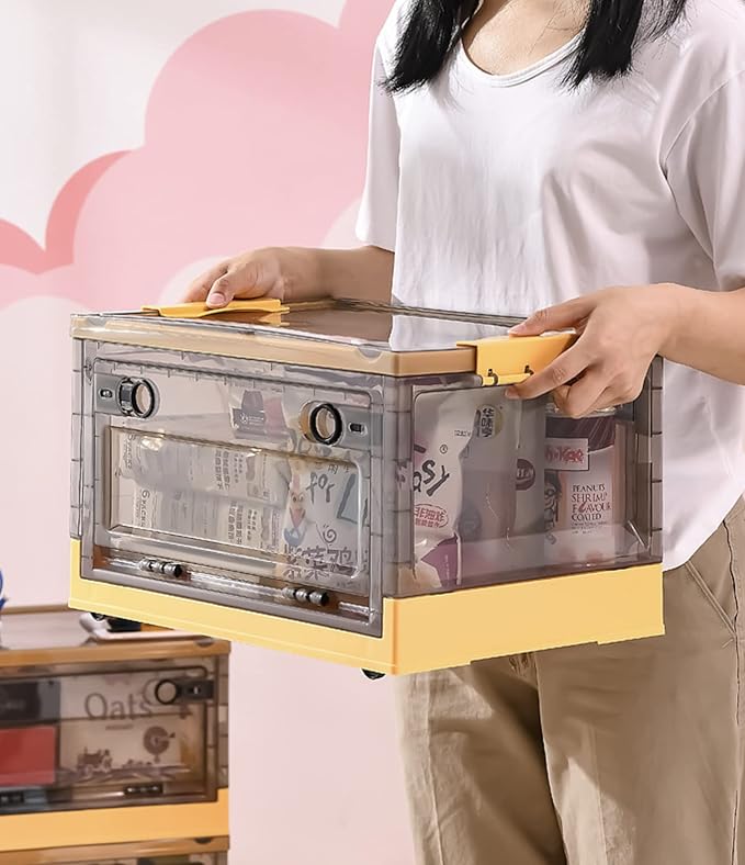 Orange 50x35.5x23.5cm Plastic Storage Box with Lid, Collapsible Storage Box, Foldable Storage Drawers with Wheels Heavy Duty Sturdy - OneBag