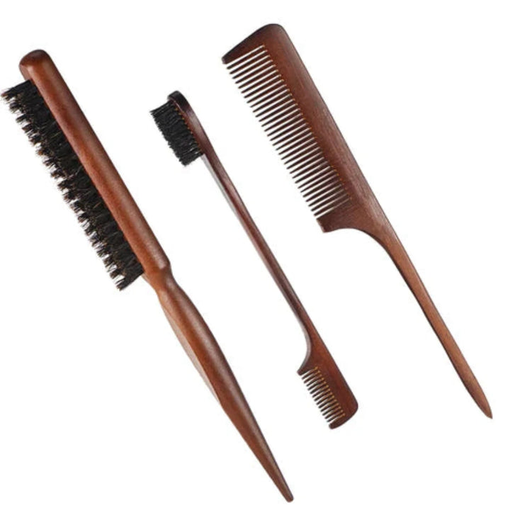 3 Pcs Brown Slick Back Hair Brush Set, Bristle Hair Brush Edge Control, Sleek Bun - OneBag