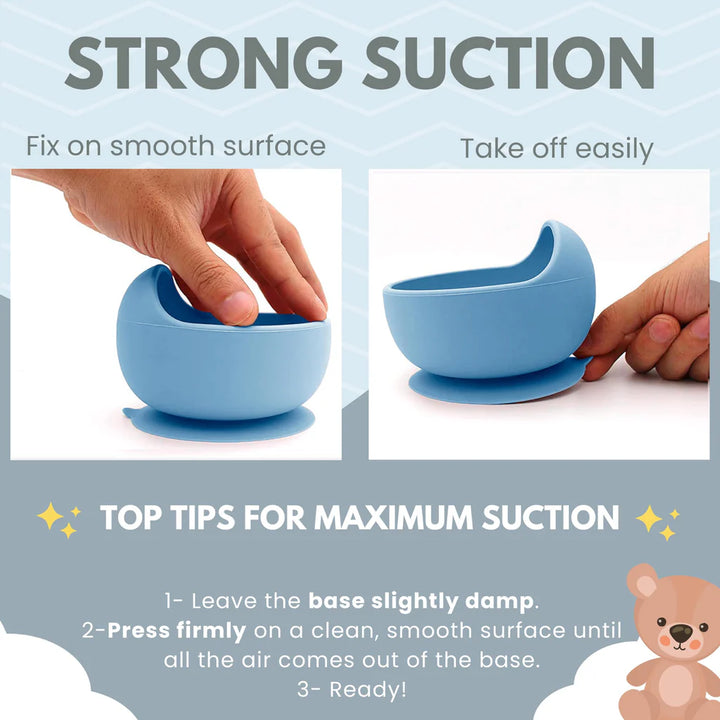 Silicone BPA Free Baby Children Feeding Bowl Plate and Spoon Set with Suction - OneBag