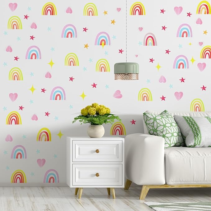 6 Pcs Rainbow Wall Decor Stickers, Rainbow Heart Stars Colour, Rainbows Wall Decals for Girls Kids Bedroom, Nursery Wall Décor - OneBag