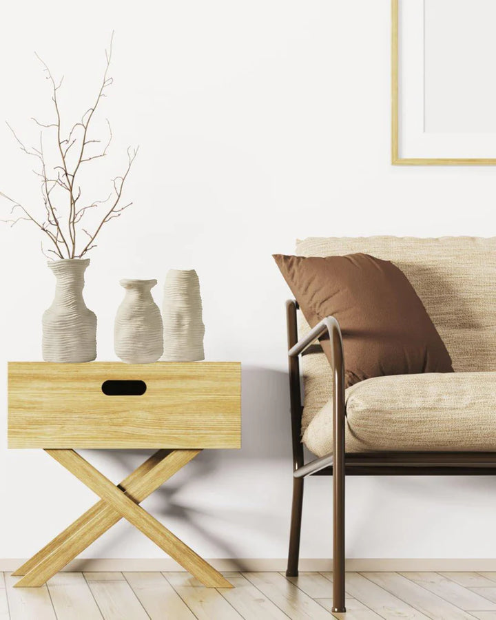 23.5x14cm White Textured Striped Ceramic Vase, Handmade Beige Vintage Farmhouse Flower Vase - OneBag